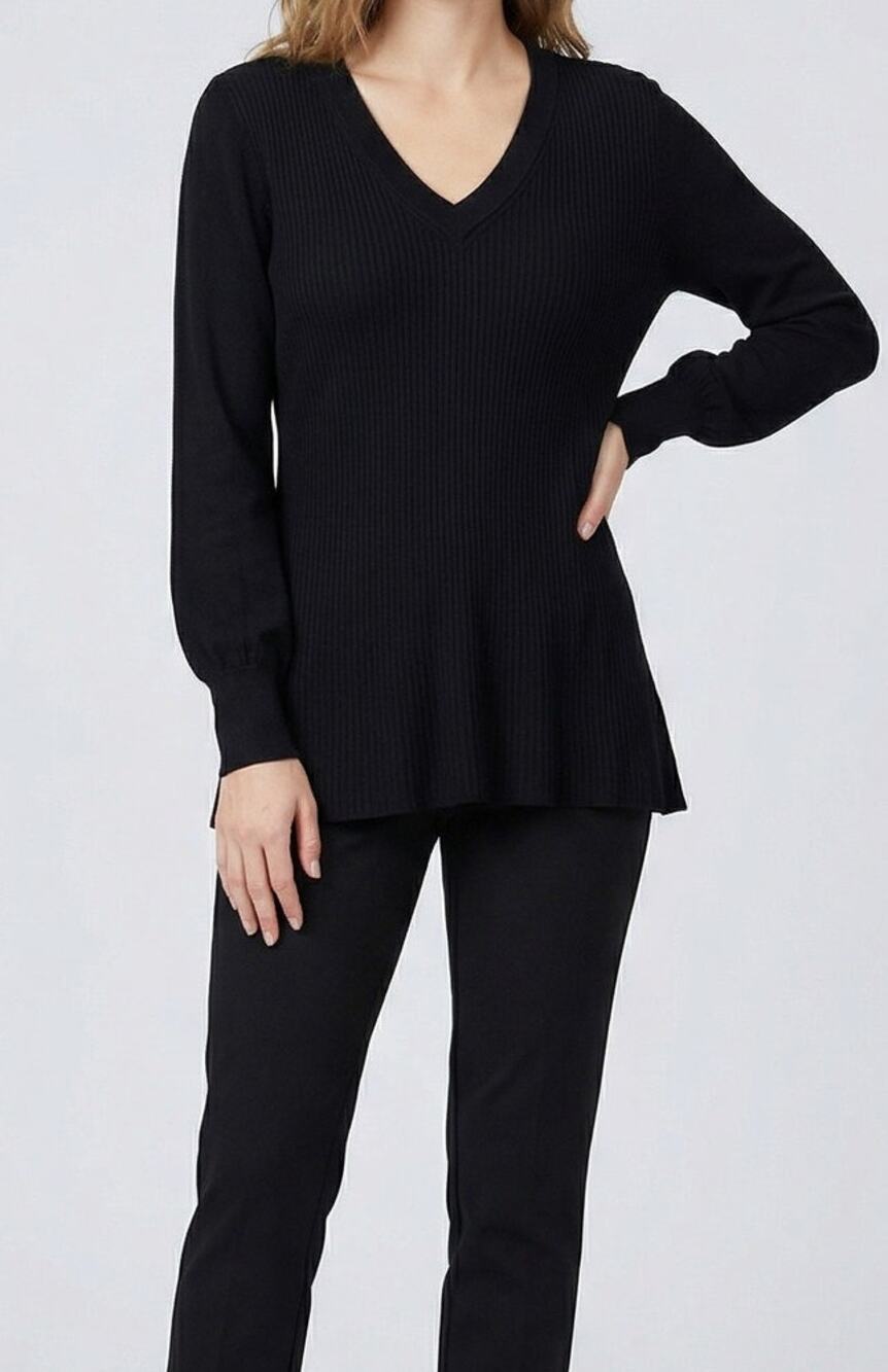 Cupio Ribbed Medium Solid Black V Neck Sweater Viscose Acrylic